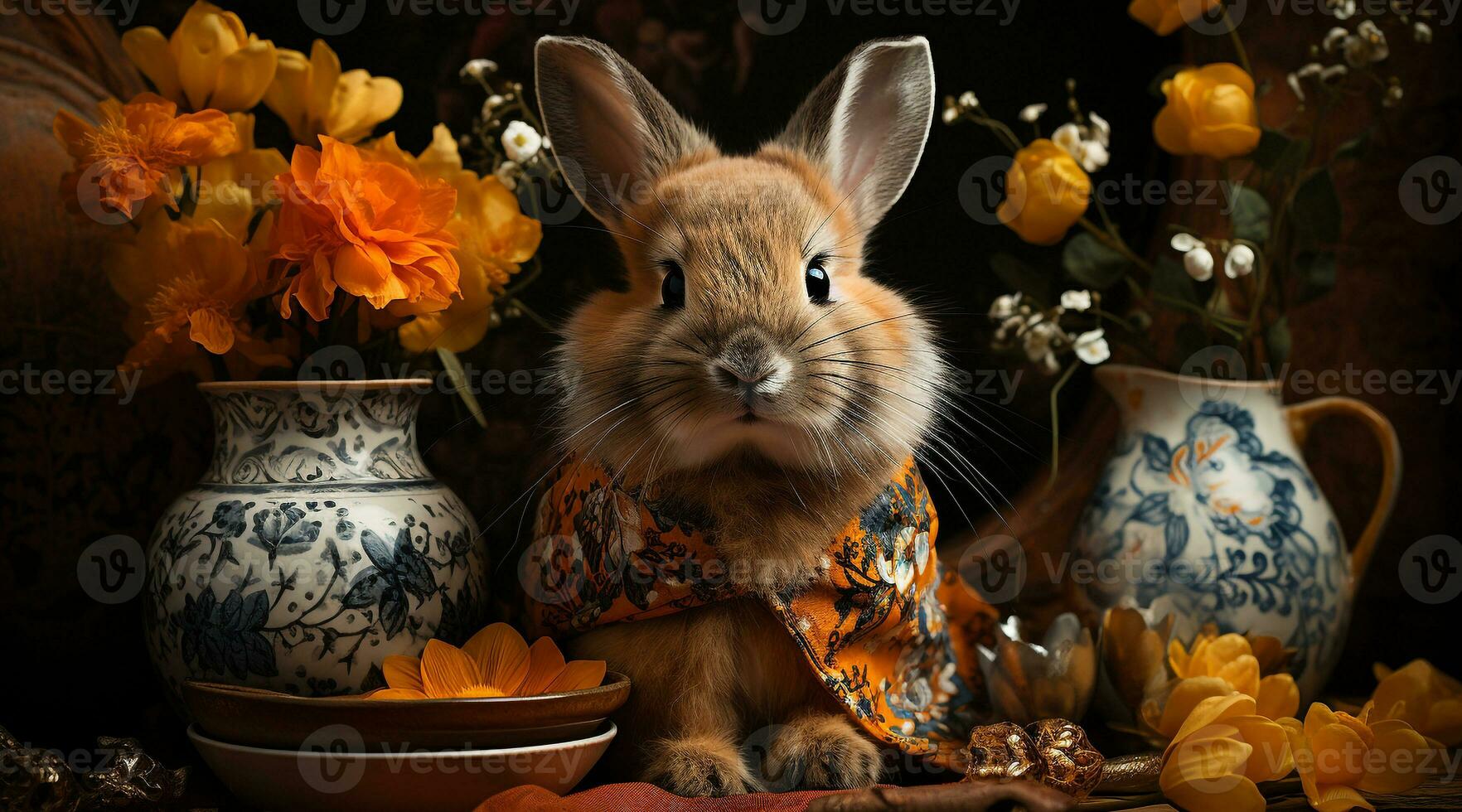 Cute rabbit sits on table, surrounded by flowers and decoration generated by AI photo