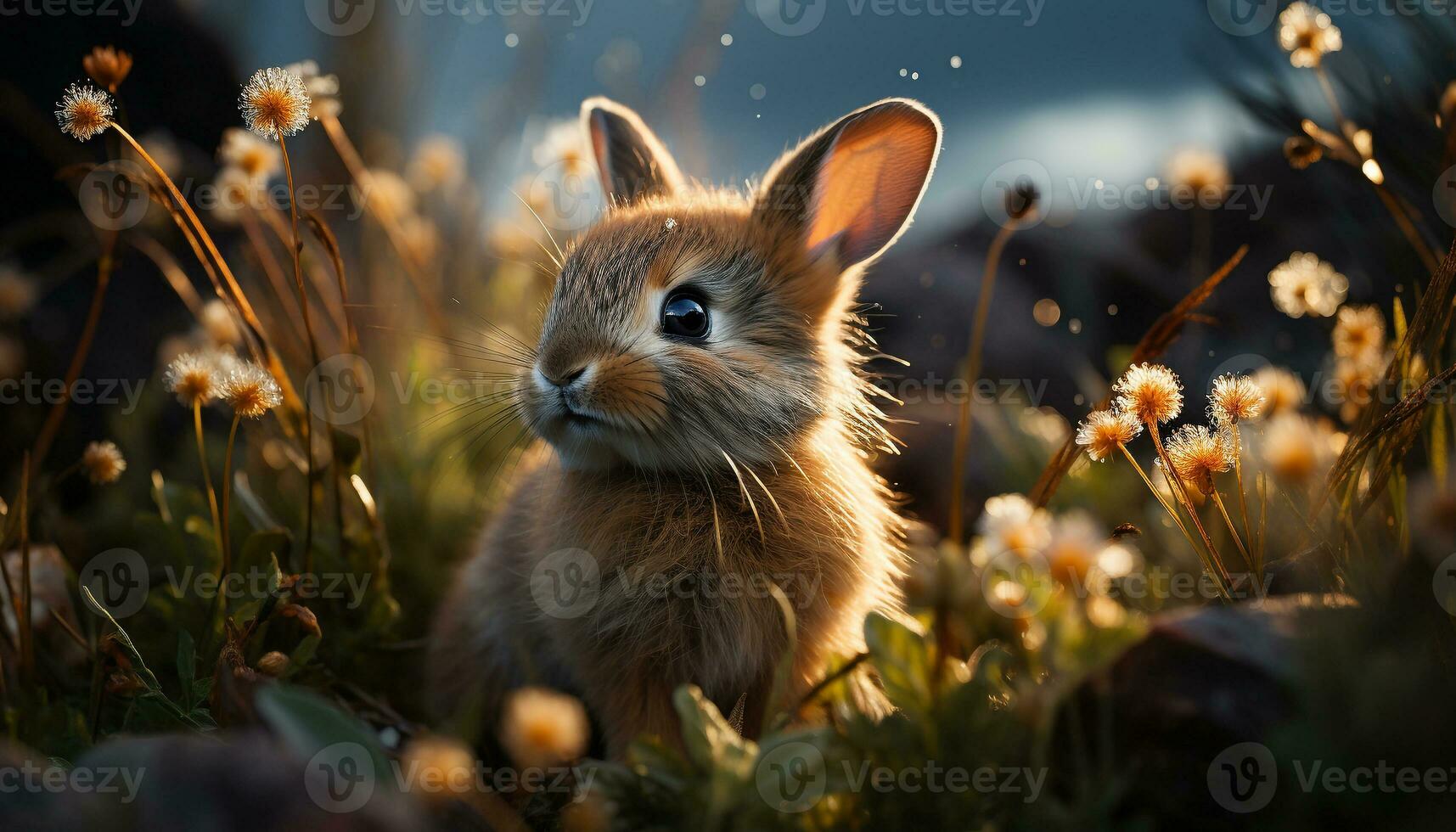 Cute fluffy rabbit sitting in green meadow, enjoying summer generated by AI photo