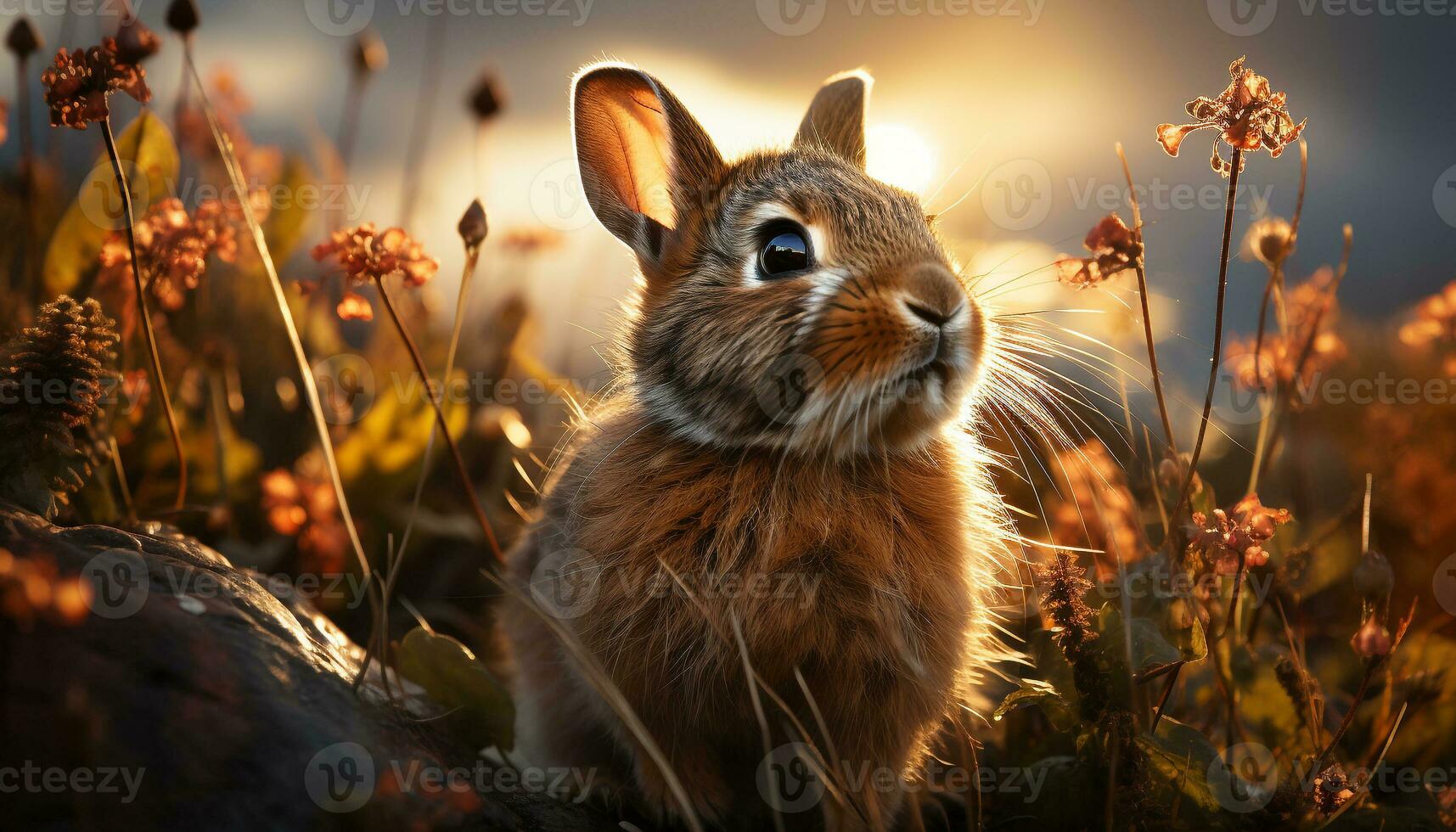 Cute fluffy rabbit sitting in green meadow at sunset generated by AI photo
