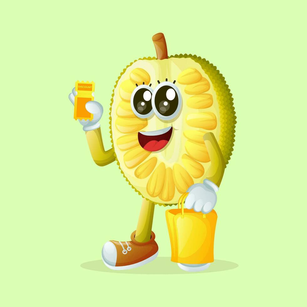 jackfruit character holding shop bag and discount coupon vector
