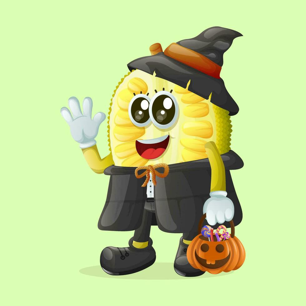 jackfruit character dressed as a witch and holding a pumpkin vector