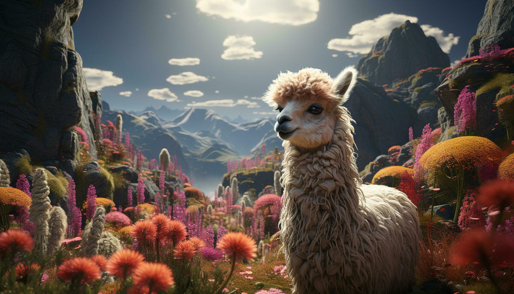 Cute alpaca grazing on mountain meadow, nature fluffy wool beauty generated by AI photo