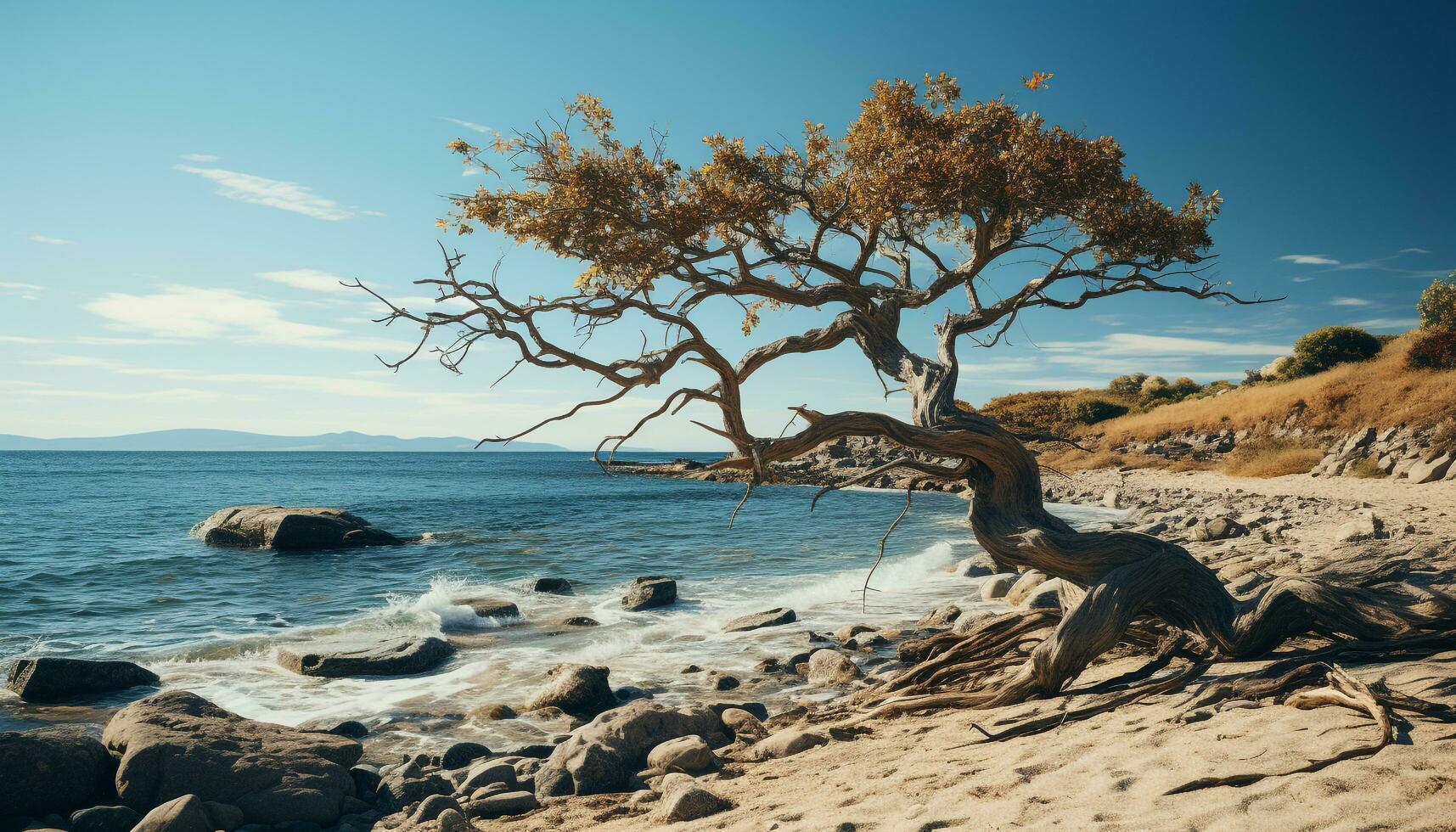 Sunset over the tranquil coastline, nature beauty in summer generated by AI photo