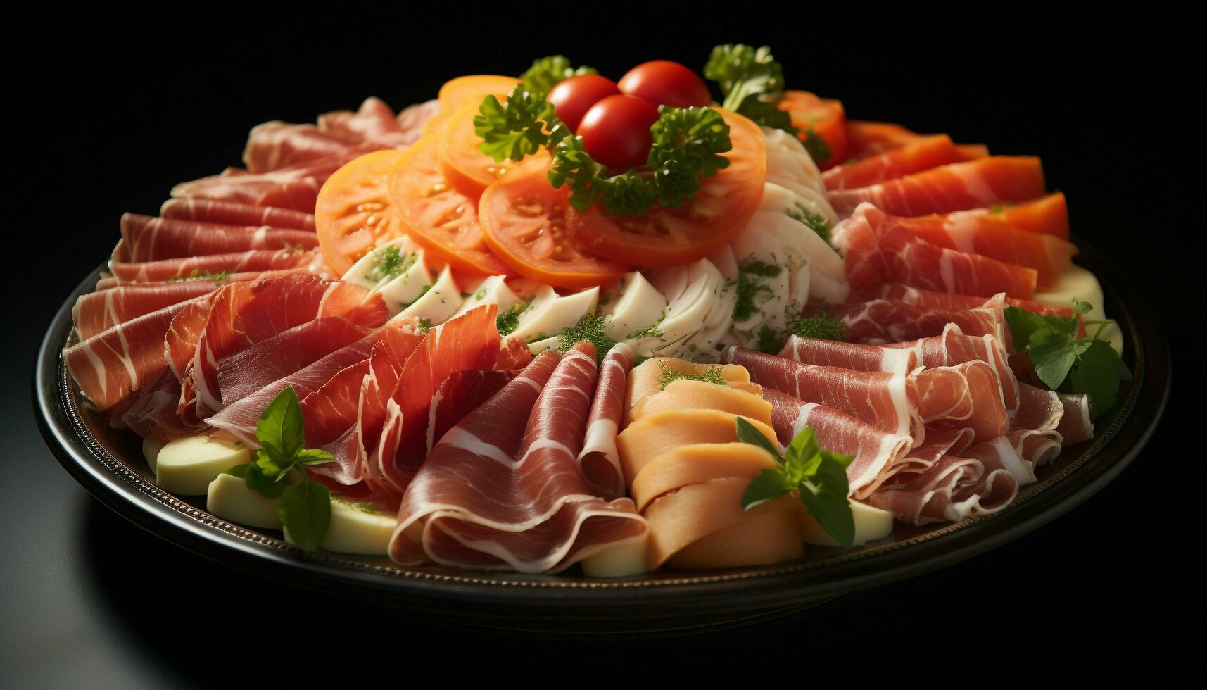 Freshness and flavor on a plate, a gourmet meat appetizer generated by AI photo