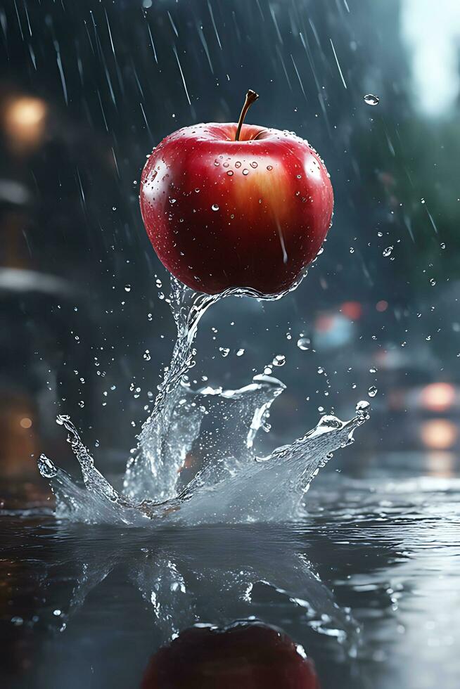 Red Apple Falling in Rain Water AI Generated photo