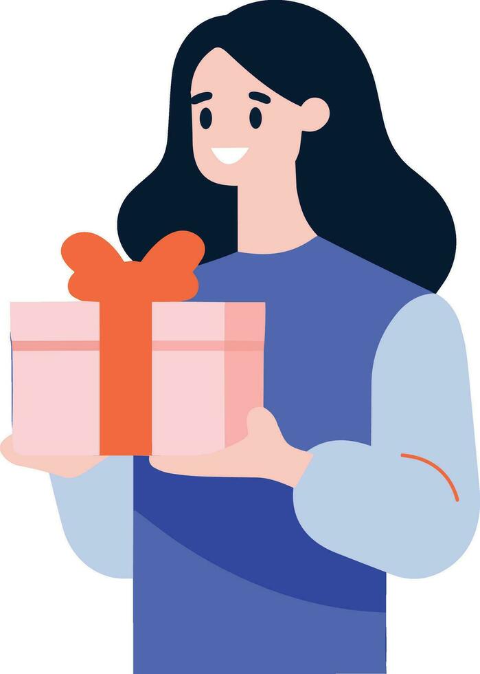 Hand Drawn female character with gift box in flat style vector