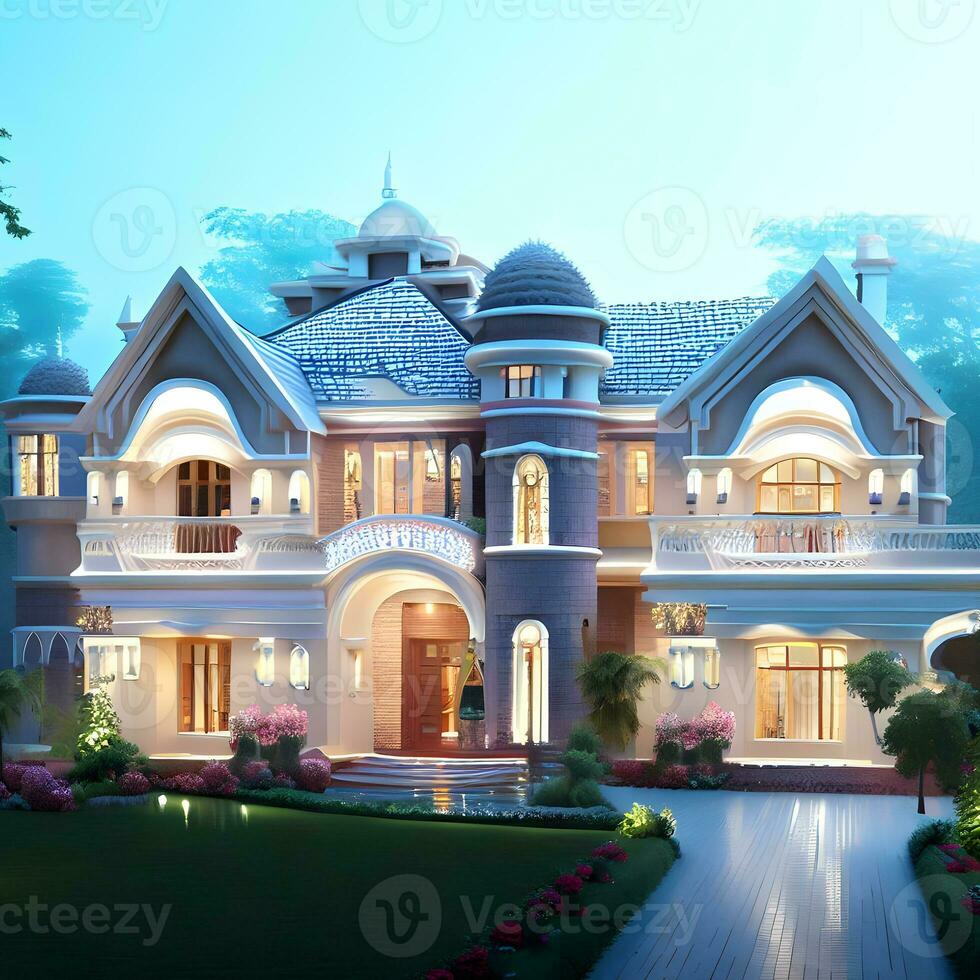 Beautiful white lightening house exterior with stairs,road,decorated flowers and grass AI Generative photo