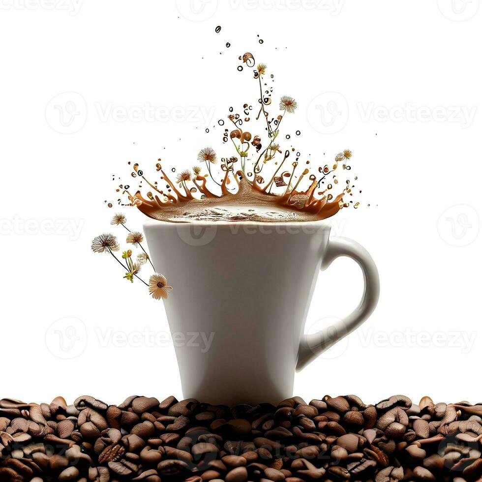 ceramic cup of coffee with coffee beans and flower splash for international coffee day celebration ai generative photo