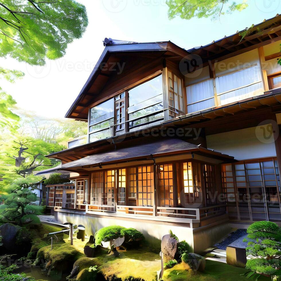 Fantastic Japanese style building exterior with natural environment AI Generative photo