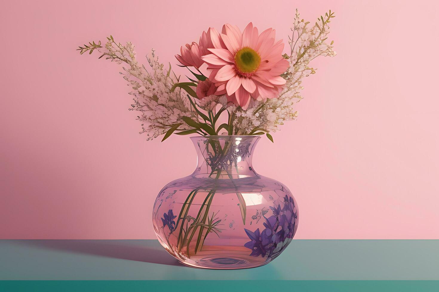 Cute Flowers in a Glass Vase on Pink Background AI Generated photo