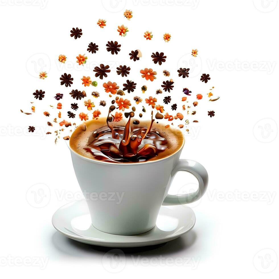 ceramic cup of flower splashed coffee for international coffee day celebration ai generative photo