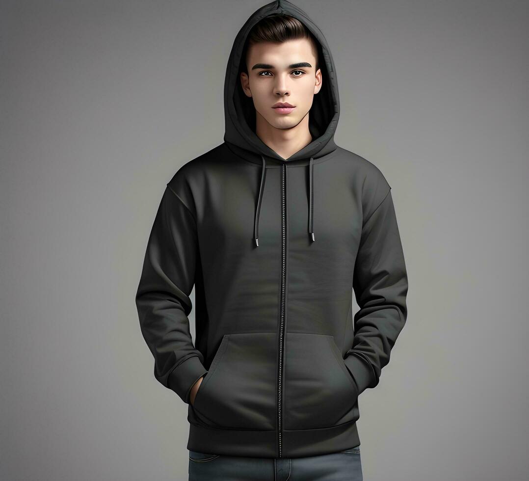 Young man wearing blank black hoodie mockup print presentation mockup ai generate photo