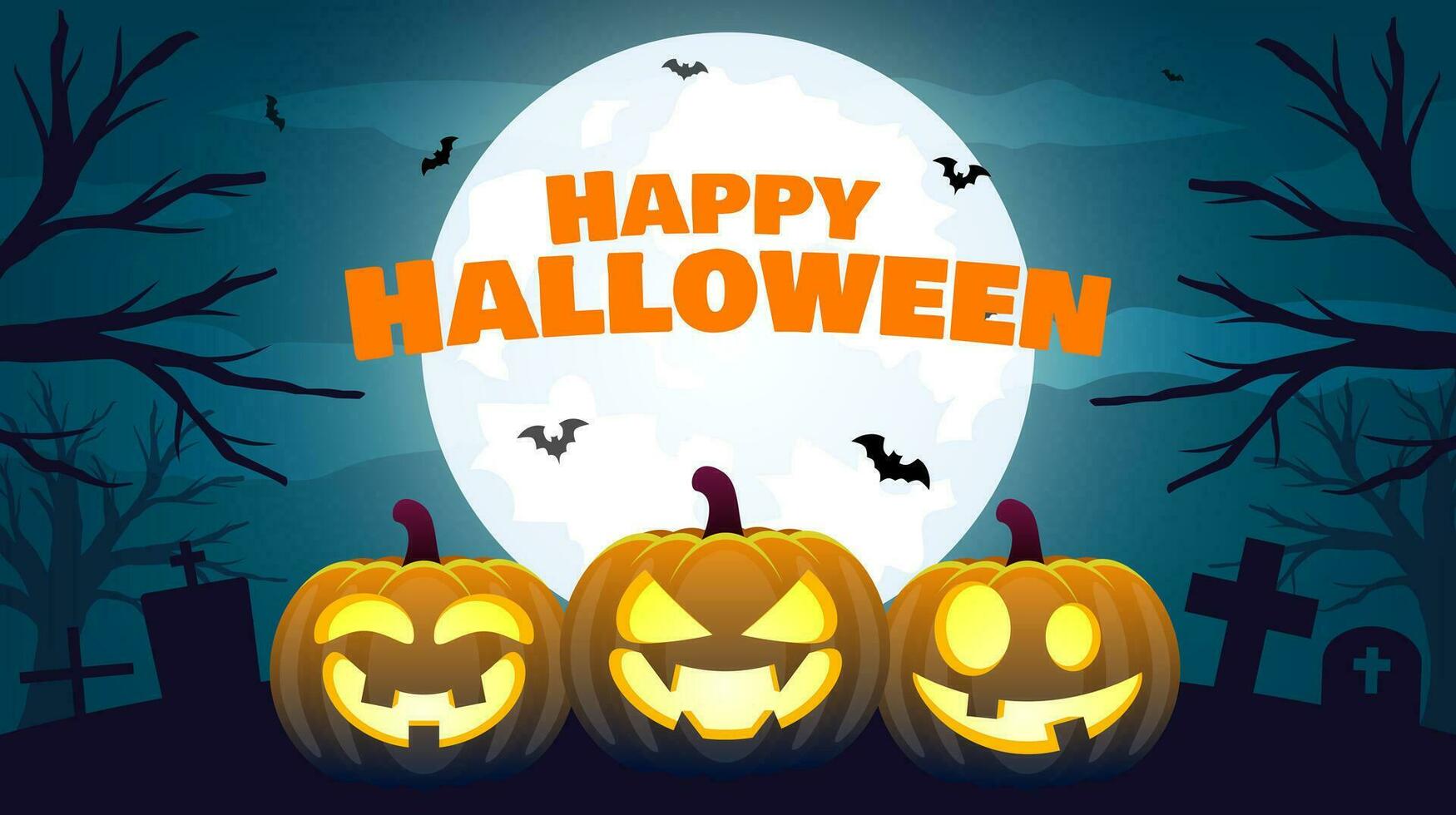 Spooky halloween night scene background. Halloween pumpkin, bat. Halloween holiday design. Vector illustration