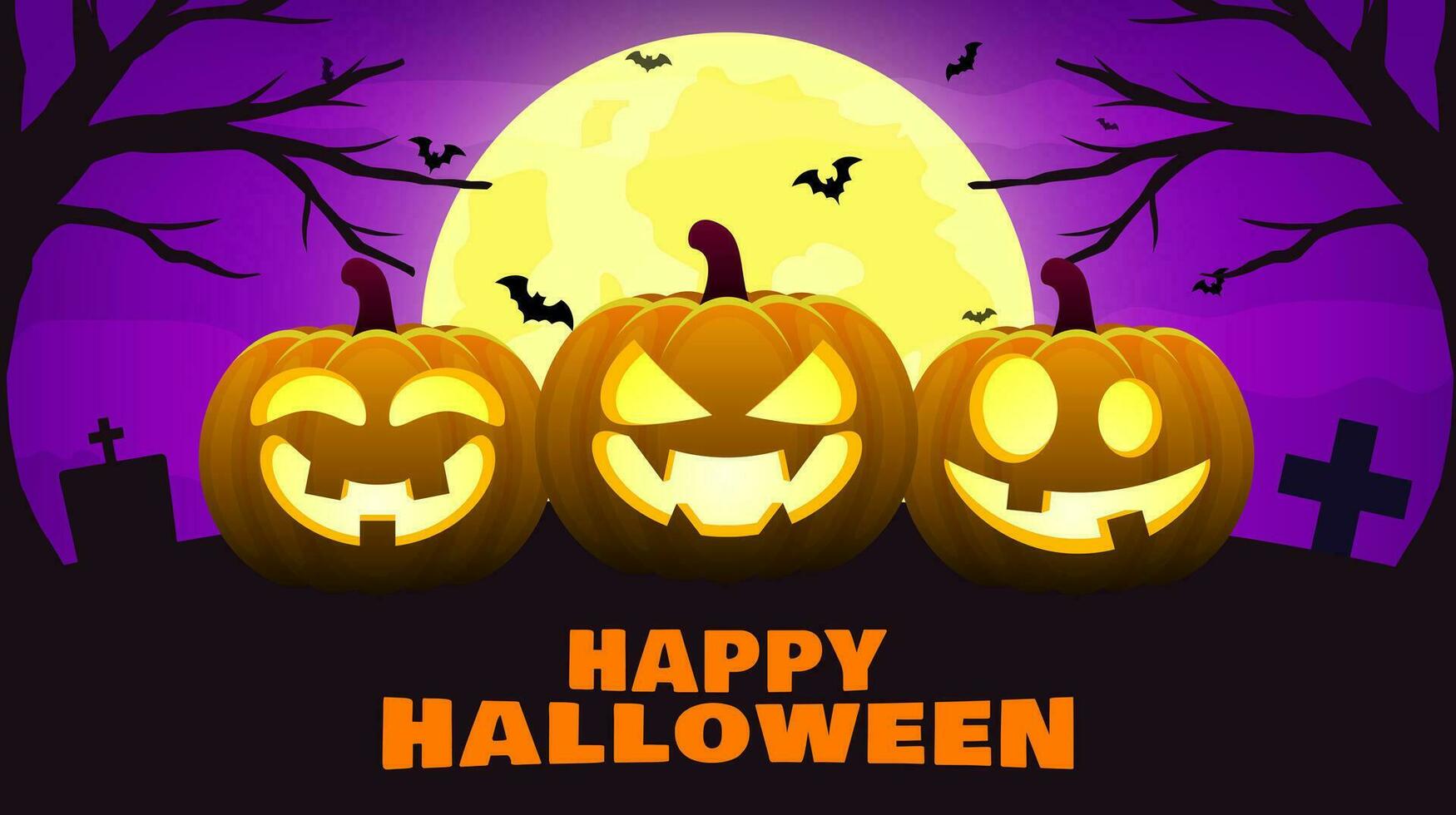 Scary halloween night background. Illustration of pumpkins, bats, trees on a full moon. Holiday vector background