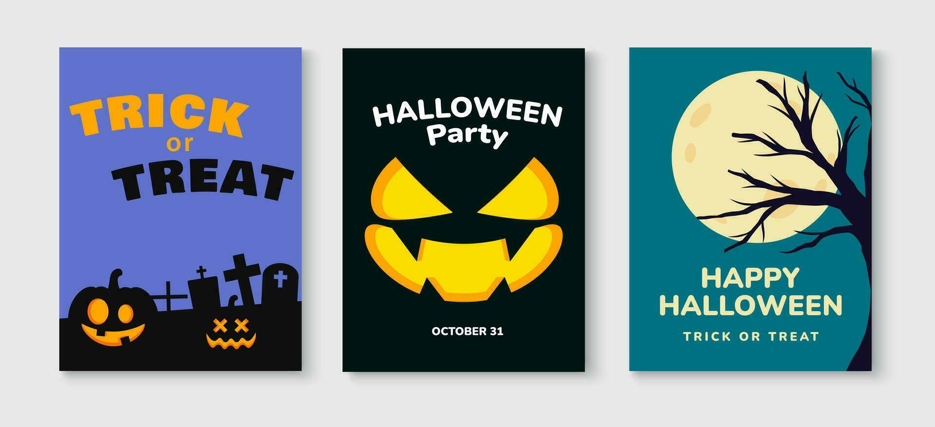 Set of Happy Halloween greeting cards. Celebration party invitation poster template design. Minimalist cover background. Vector illustration