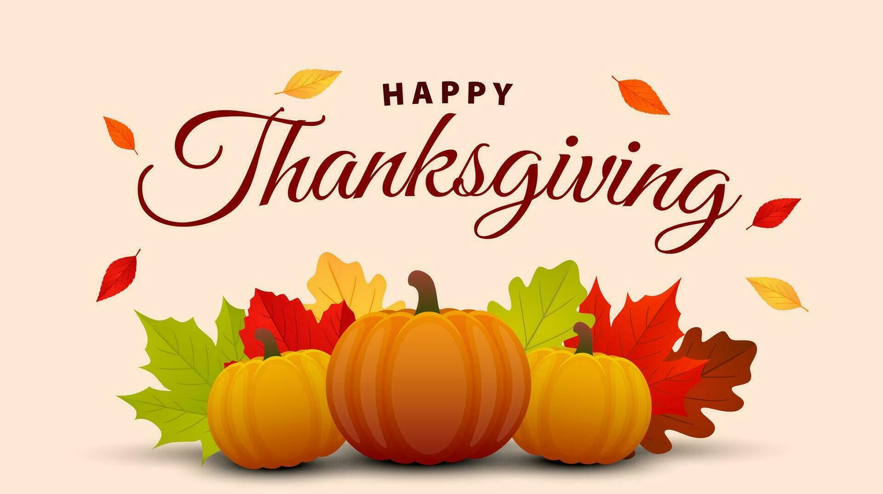 Happy Thanksgiving day lettering text background. Thanksgiving greeting card design with autumn leaves and pumpkin. Vector illustration