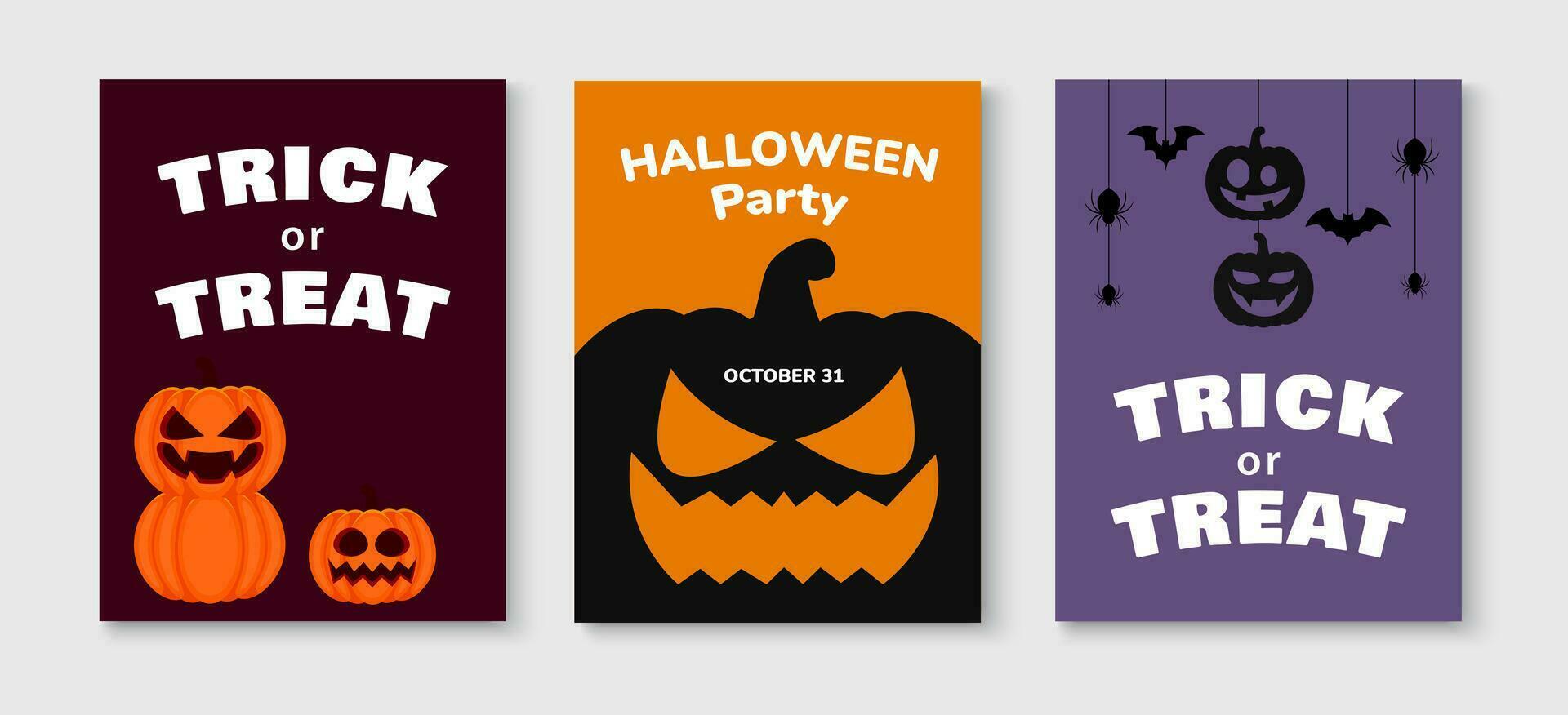Set of Happy Halloween greeting cards. Celebration party invitation poster template design. Minimalist cover background. Vector illustration