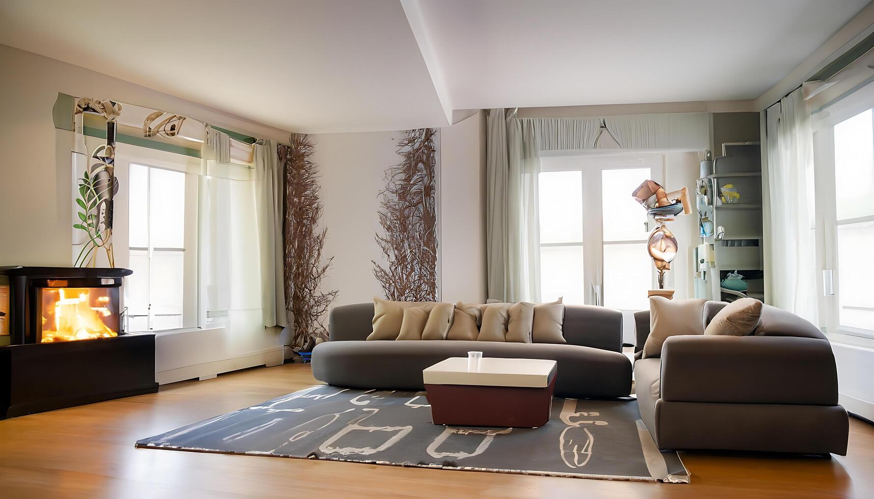 Modern interior of open space with design modular sofa, furniture, coffee table, pillows, and elegant personal accessories in stylish home decoration - photo