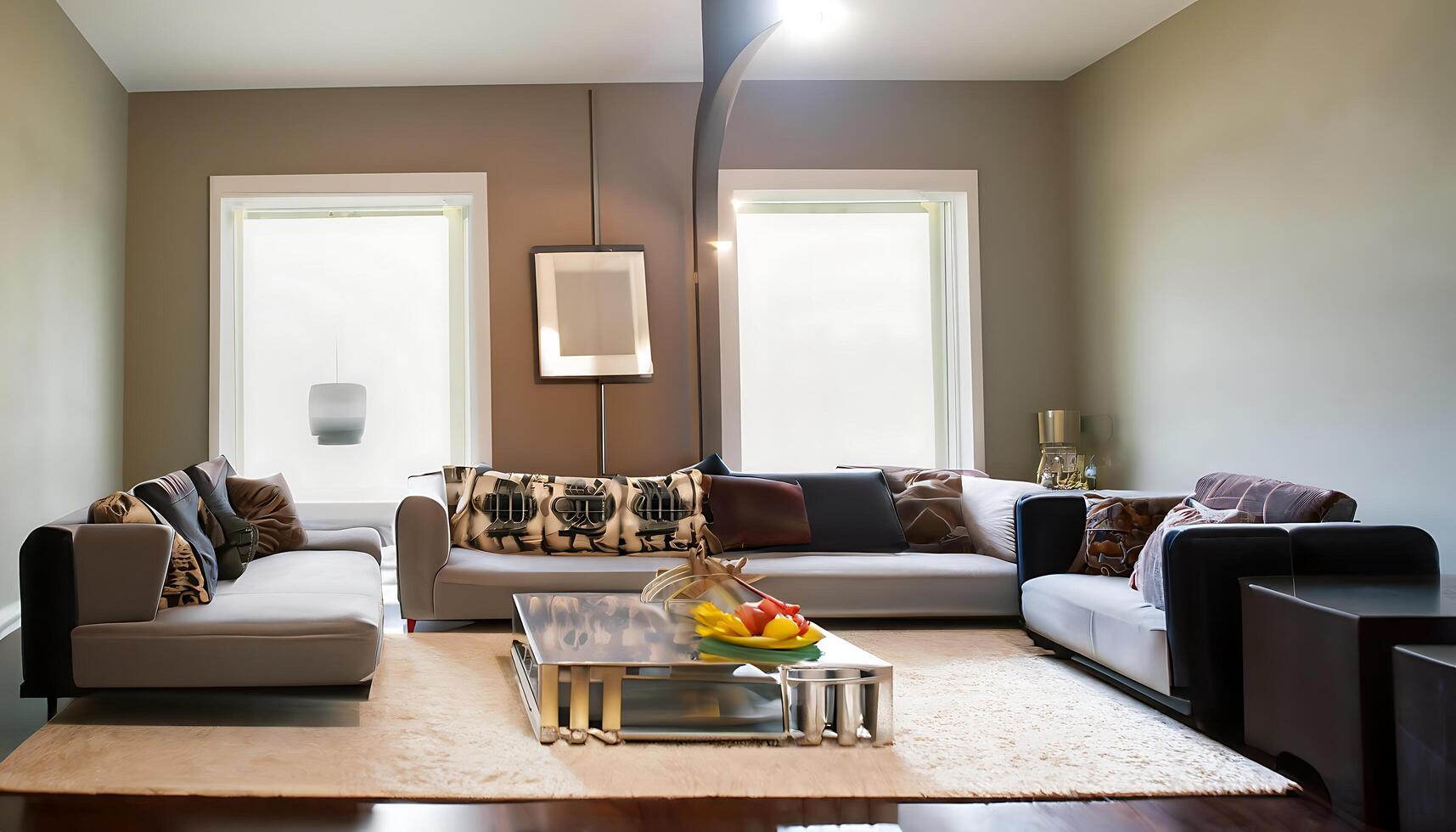 Interior design of living room with stylish sofa, coffee table, decoration, pillows, plaid and personal accessories - - photo