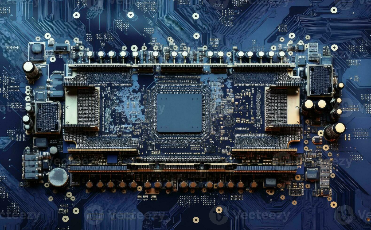 Board with chip and circuits, technology concept, digital illustration. Generative AI photo