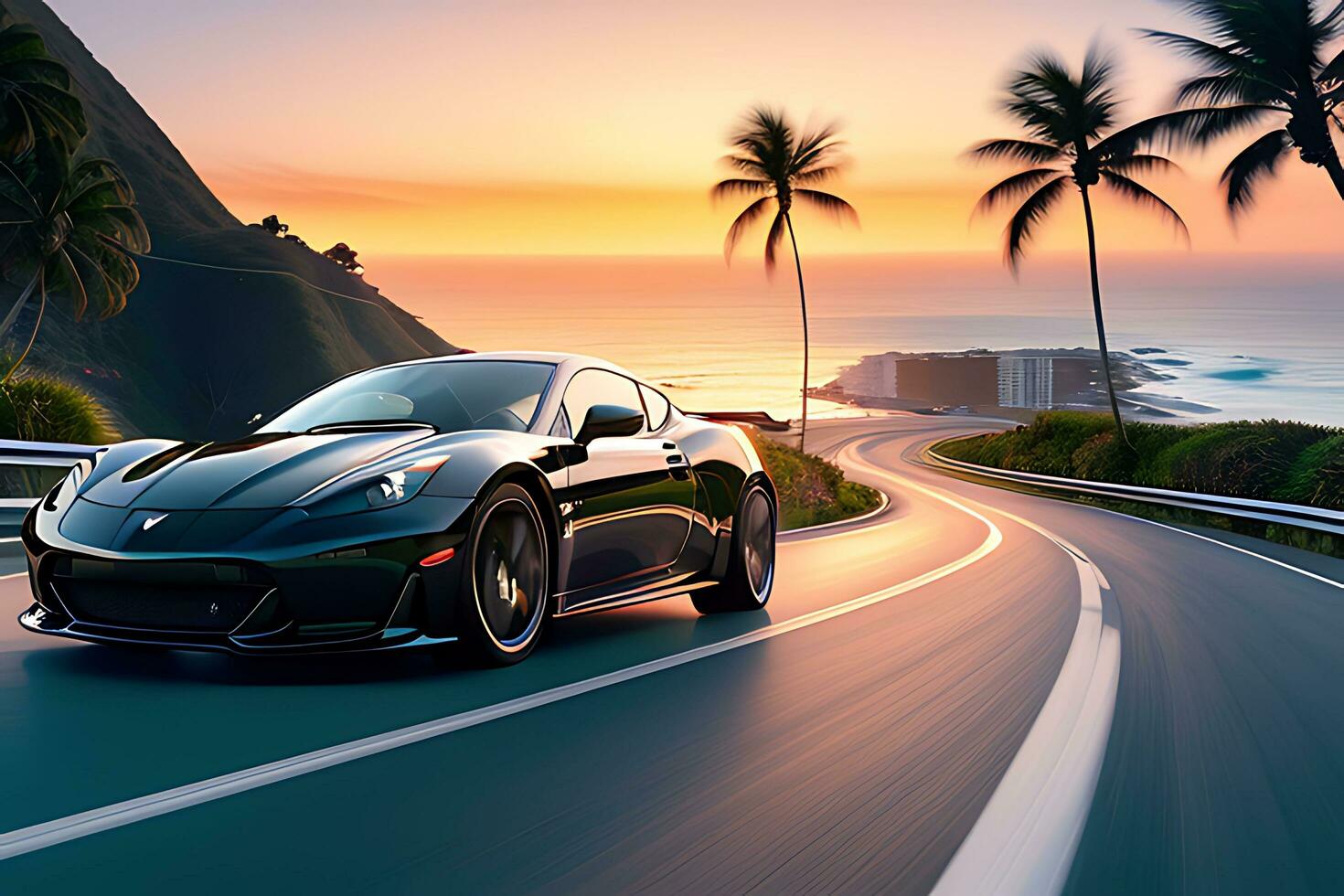 Sleek and Powerful Sports Car Speeding Along AI Generated photo