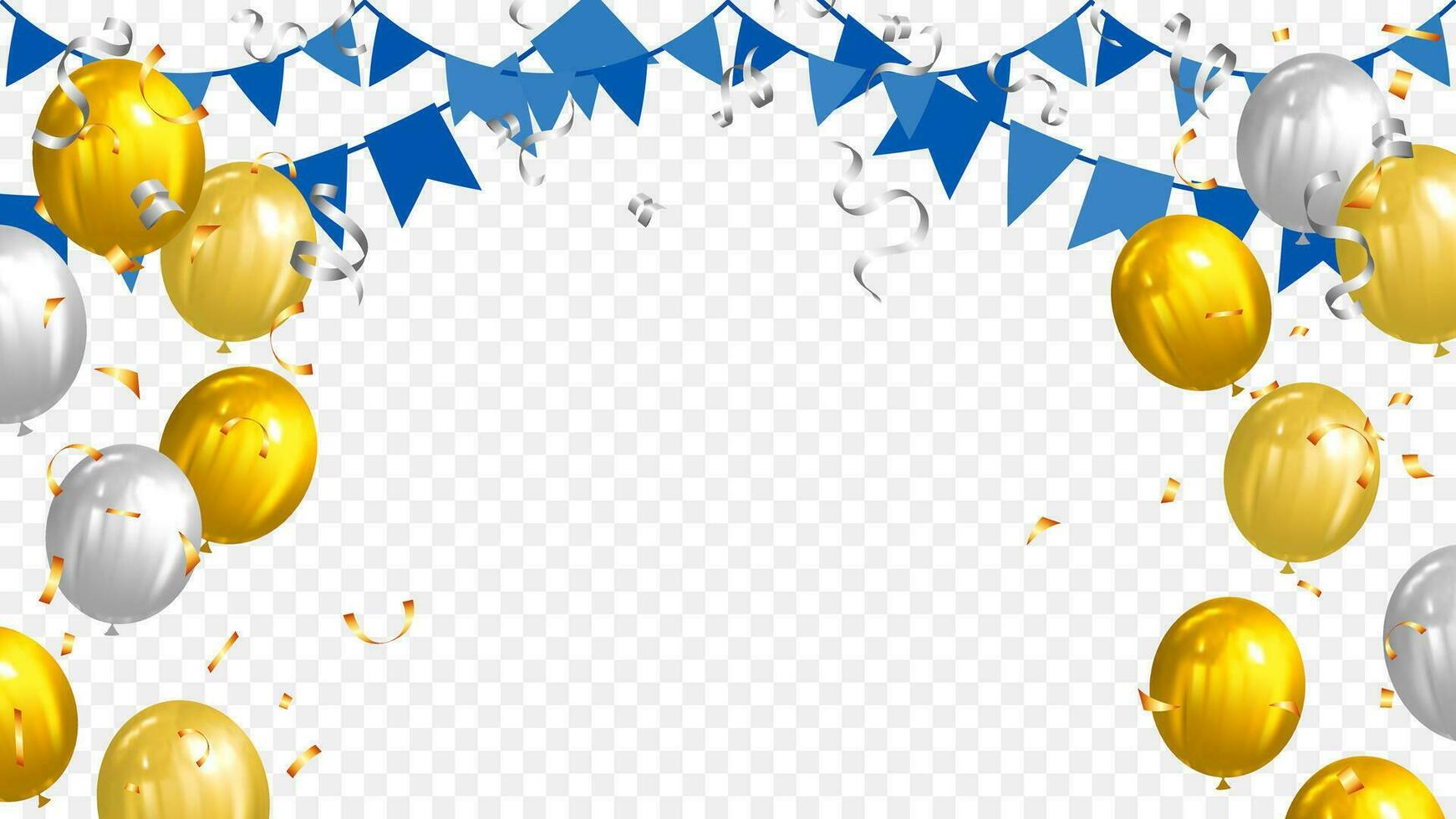 gold and silver balloon decorated with blue garland flags and confetti celebration template banner  vector illustration
