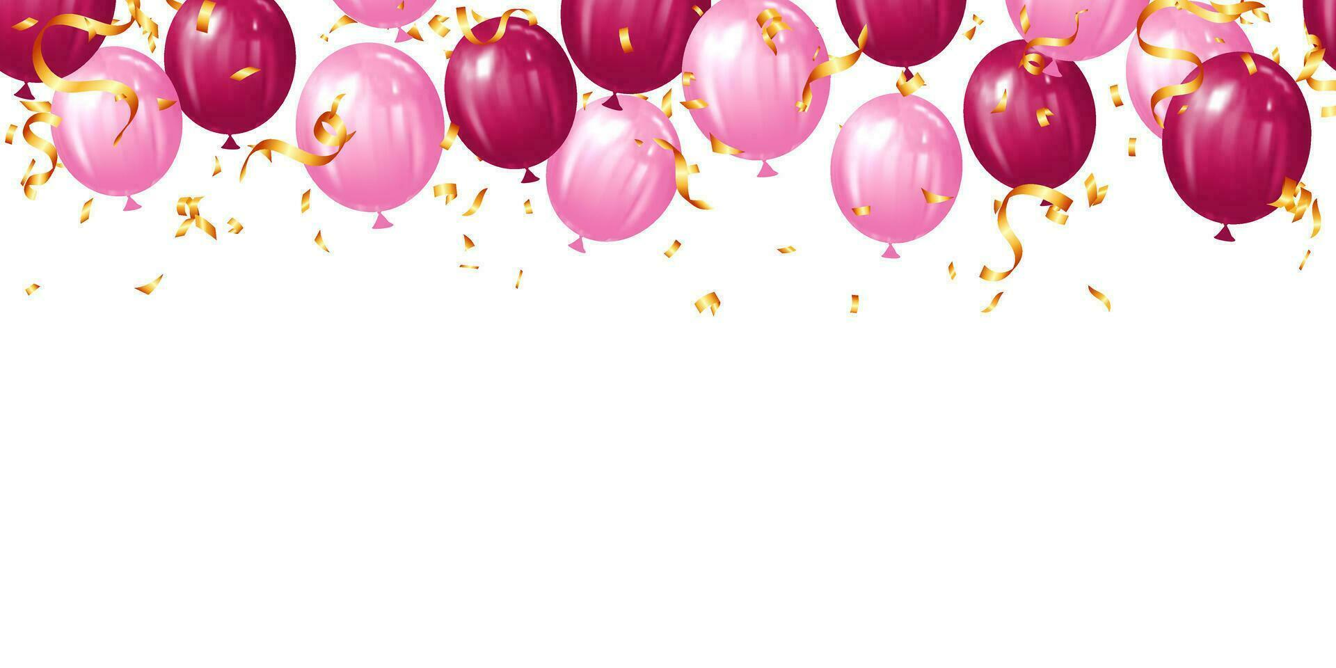 realistic pink balloons and gold ribbons, serpentine, golden confetti