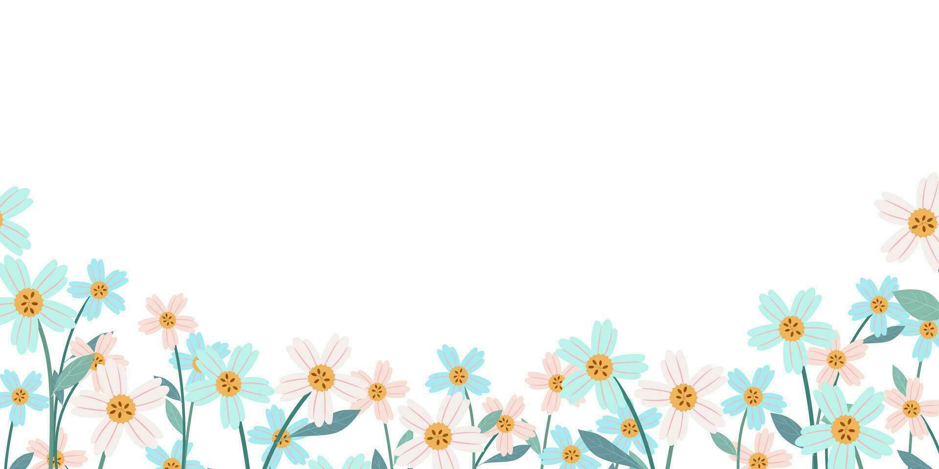 horizontal banner or backdrop floral decorated with gorgeous multicolored flowers and leaves border spring botanical flat vector illustration on white background