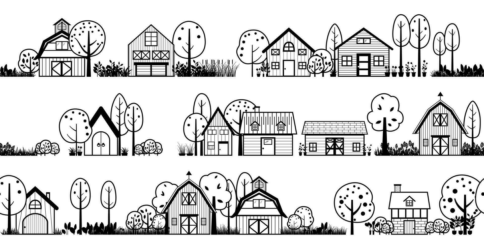 small town silhouette cutout skyline with houses, barn and trees black. buildings with roofs, chimneys and windows vector