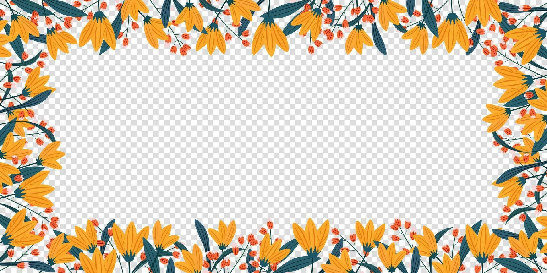 frame of leaf and yellow, orange flower for celebration card banner template background. abstract and floral design in doodle style vector