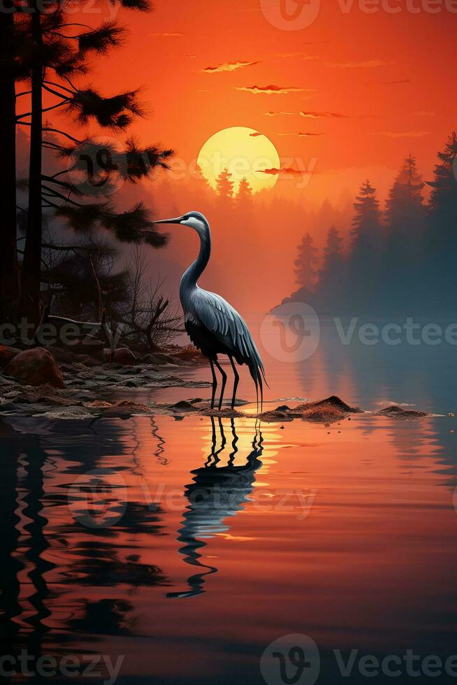 A crane stands alone by the lake. AI generative photo