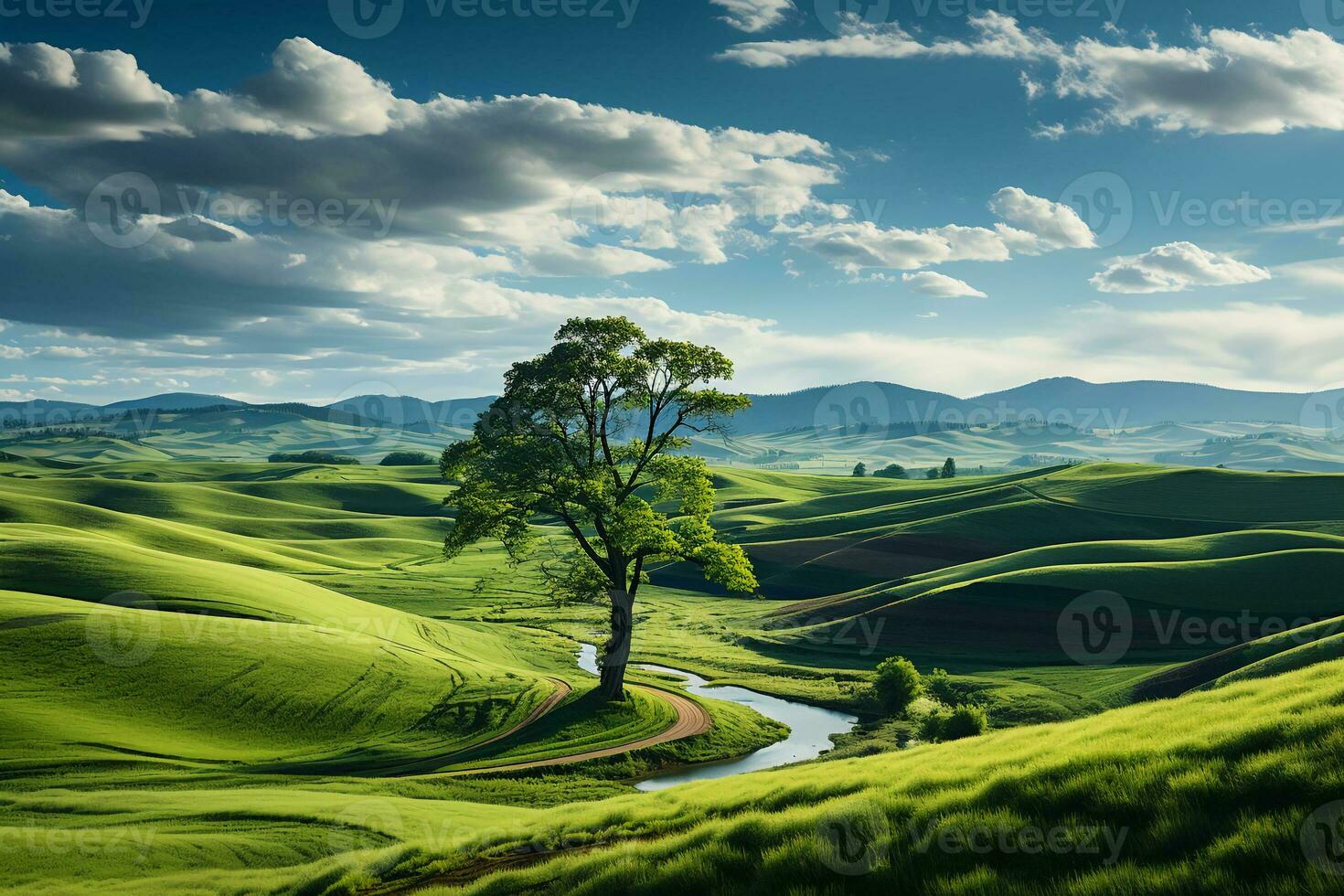A field with green grass and rolling hills. AI generative photo