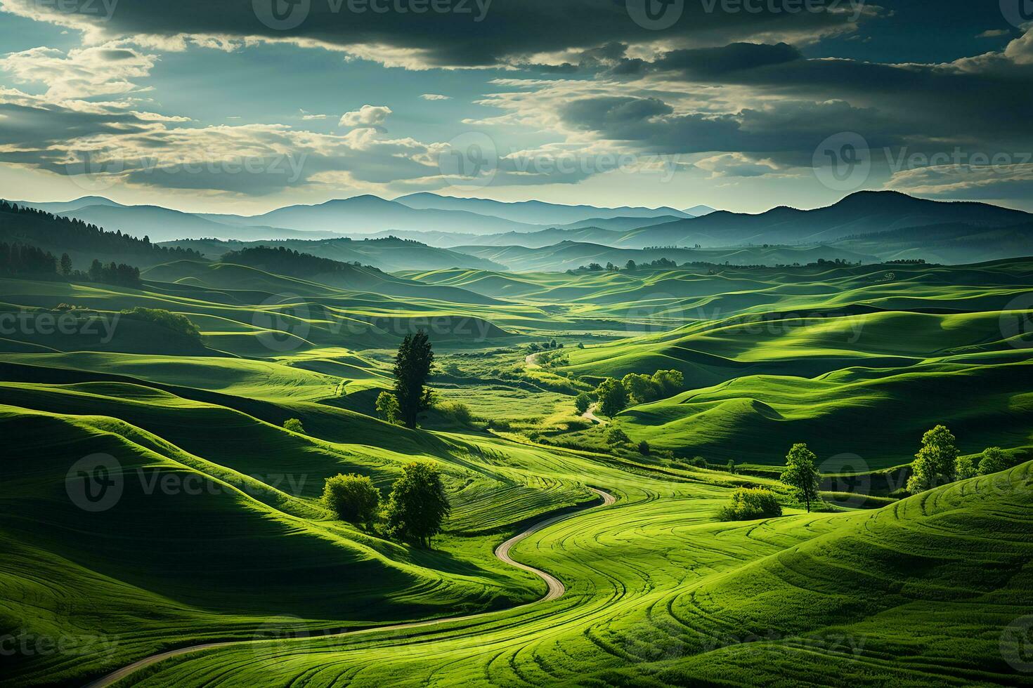 A field with green grass and rolling hills. AI generative photo