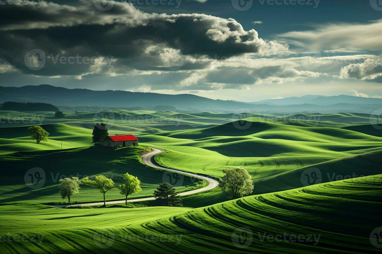 A field with green grass and rolling hills. AI generative photo