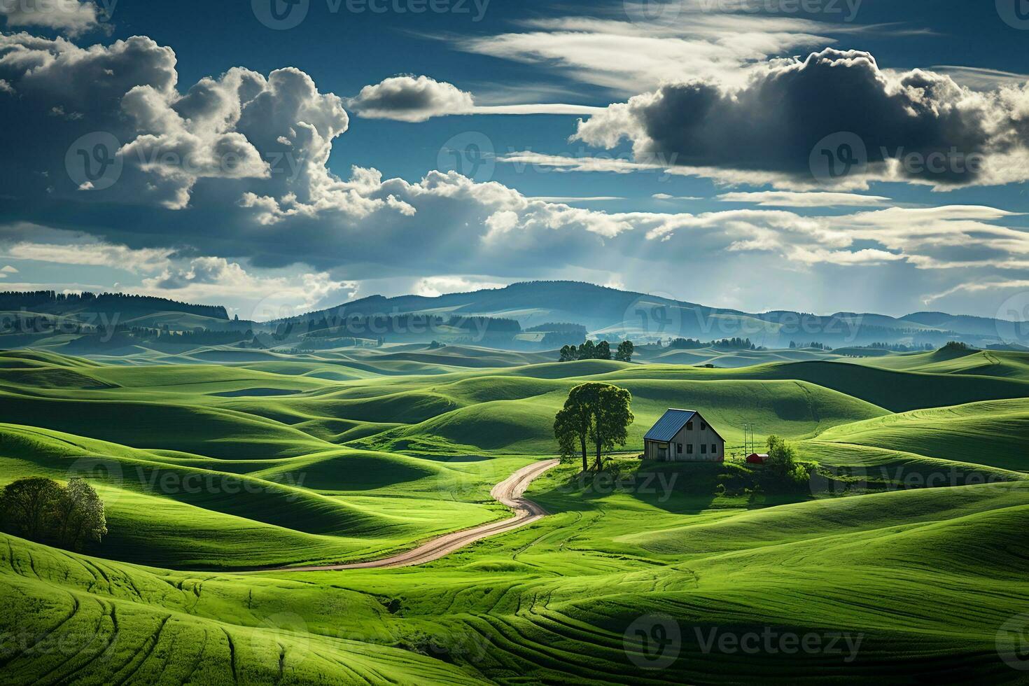 A field with green grass and rolling hills. AI generative photo