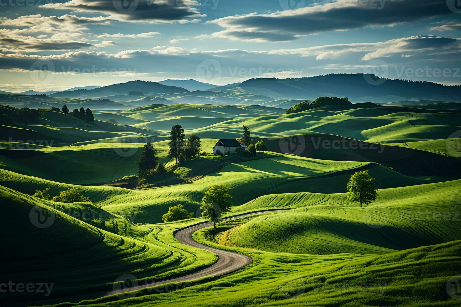 A field with green grass and rolling hills. AI generative photo