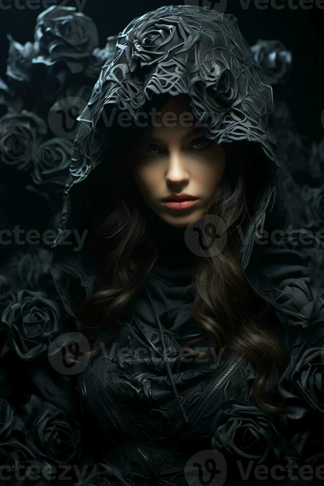 realistic portrayal of black roses forming a straight border on a solid black background. AI generative photo