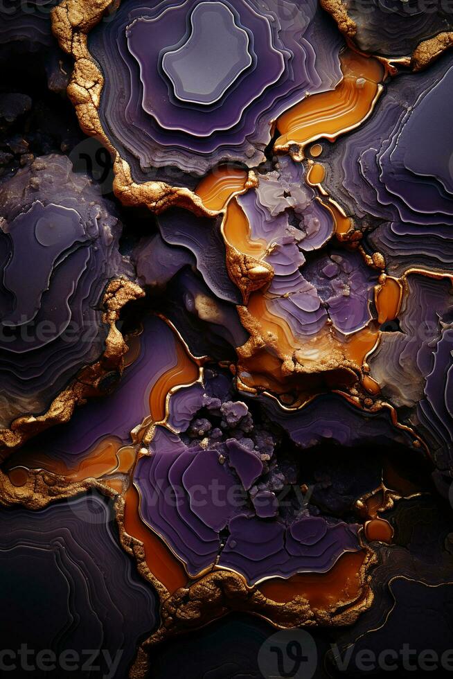 Abstract hypnotic illusion of gold lava over amethyst colors. AI generative photo