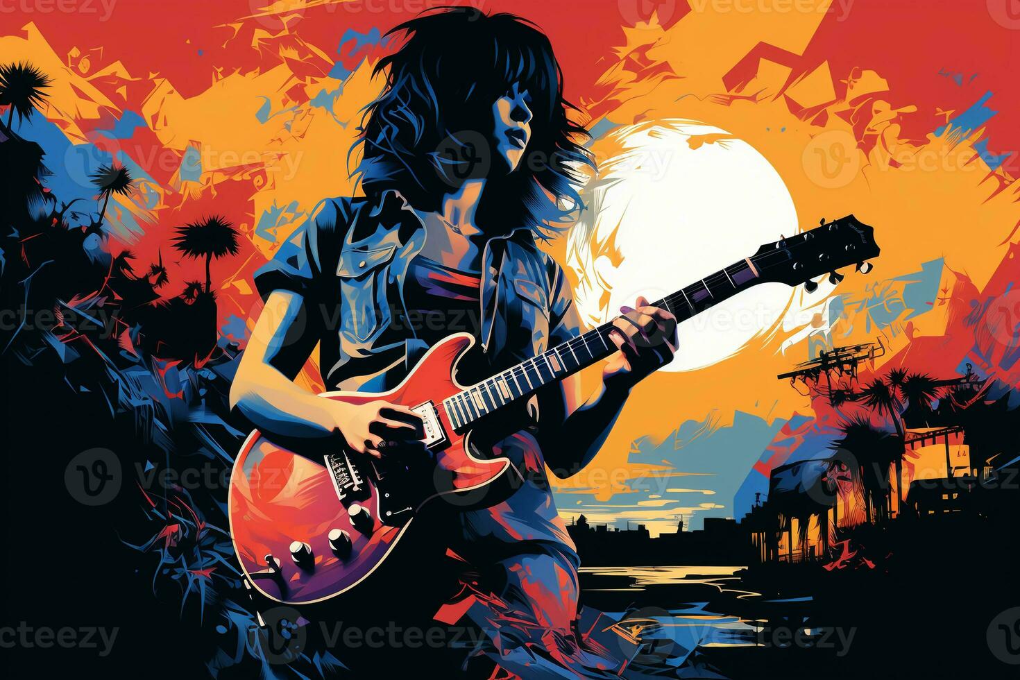 Silhouette of a 18 year old girl, Female rock singer, play a Electric Guitar and sing, front, vintage fashion, modern posters. AI generative photo