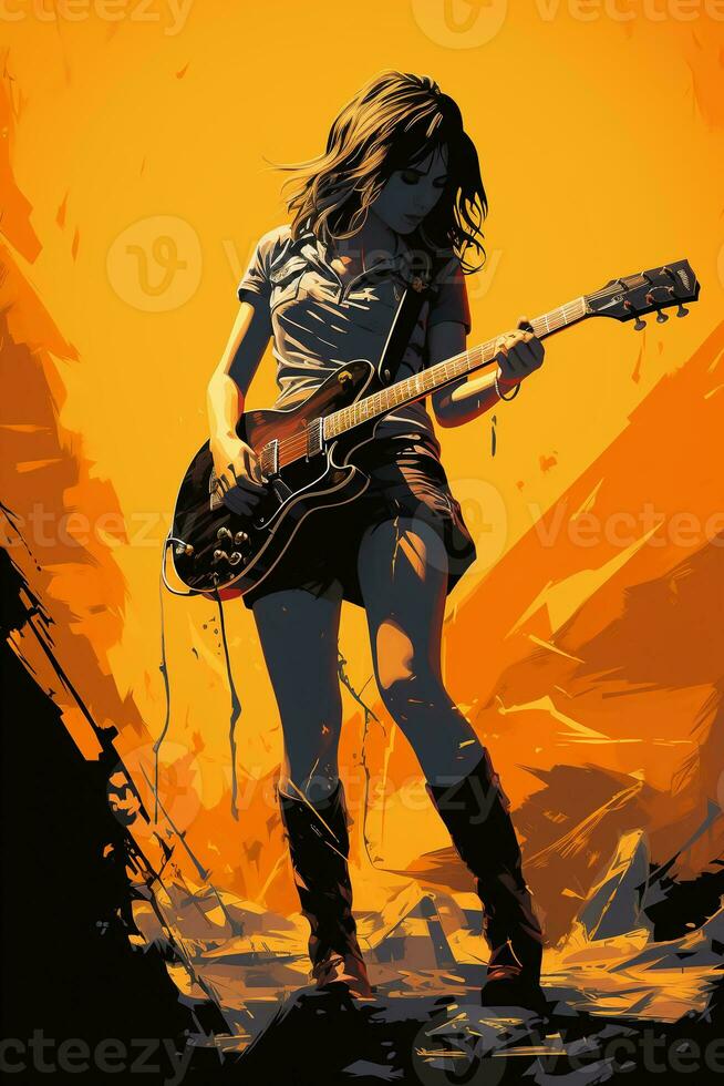 Silhouette of a 18 year old girl, Female rock singer, play a Electric Guitar and sing, front, vintage fashion, modern posters. AI generative photo