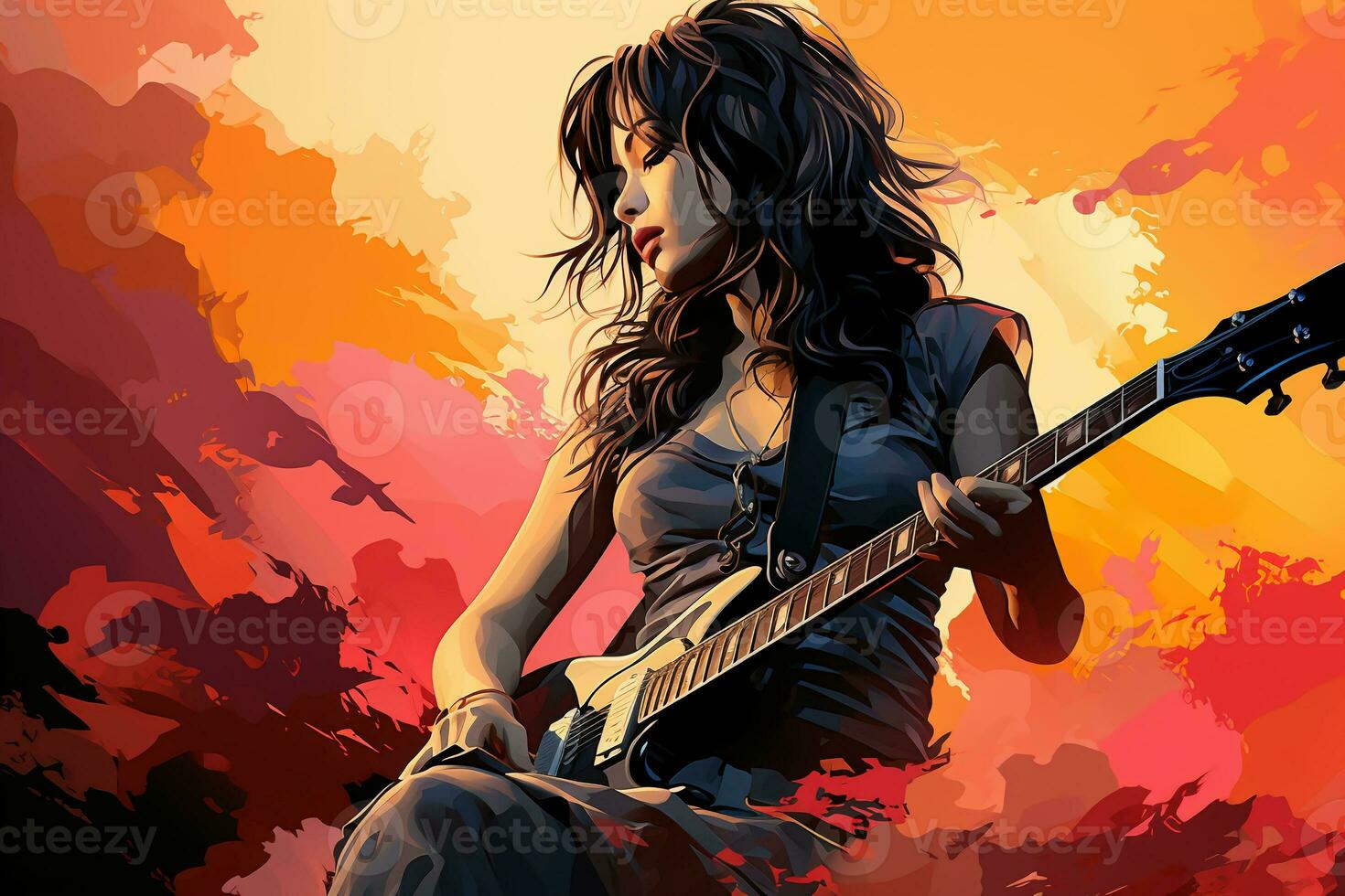 Silhouette of a 18 year old girl, Female rock singer, play a Electric Guitar and sing, front, vintage fashion, modern posters. AI generative photo