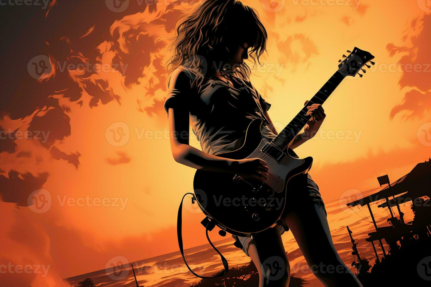 Silhouette of a 18 year old girl, Female rock singer, play a Electric Guitar and sing, front, vintage fashion, modern posters. AI generative photo