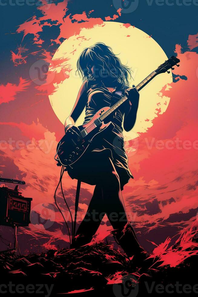 Silhouette of a 18 year old girl, Female rock singer, play a Electric Guitar and sing, front, vintage fashion, modern posters. AI generative photo