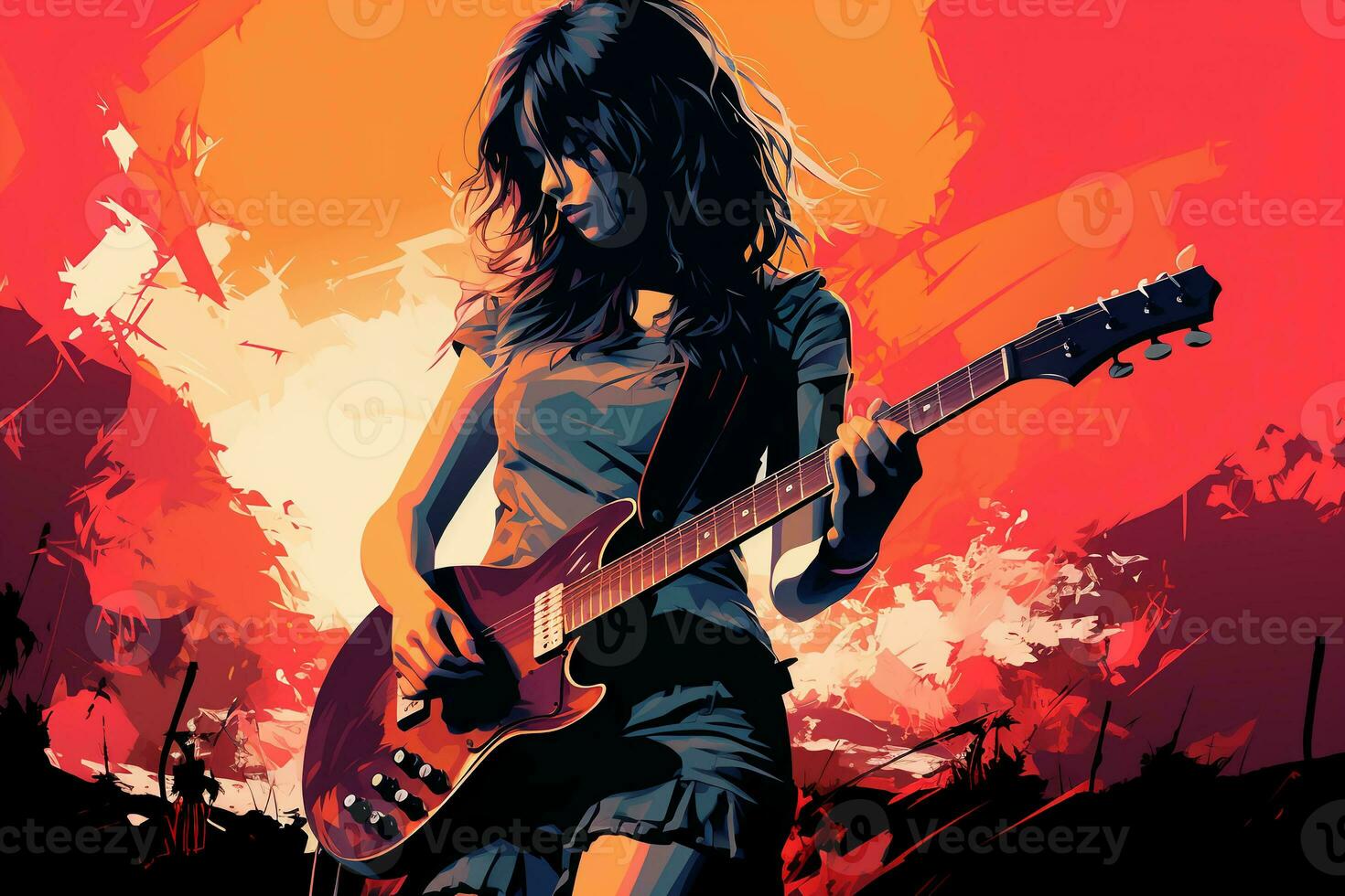 Silhouette of a 18 year old girl, Female rock singer, play a Electric Guitar and sing, front, vintage fashion, modern posters. AI generative photo