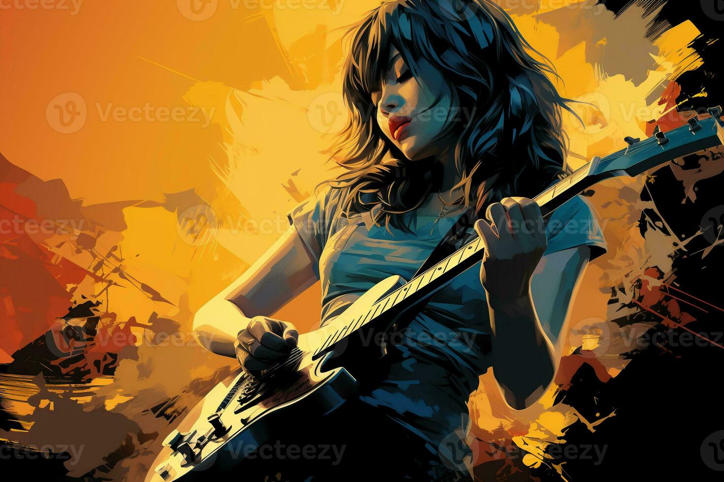 Silhouette of a 18 year old girl, Female rock singer, play a Electric Guitar and sing, front, vintage fashion, modern posters. AI generative photo