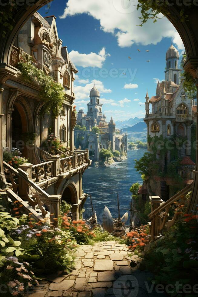 A beautiful painting of a graceful openwork arch leading to the sunny medieval harbor where beautiful graceful sailboats stand. AI generative photo