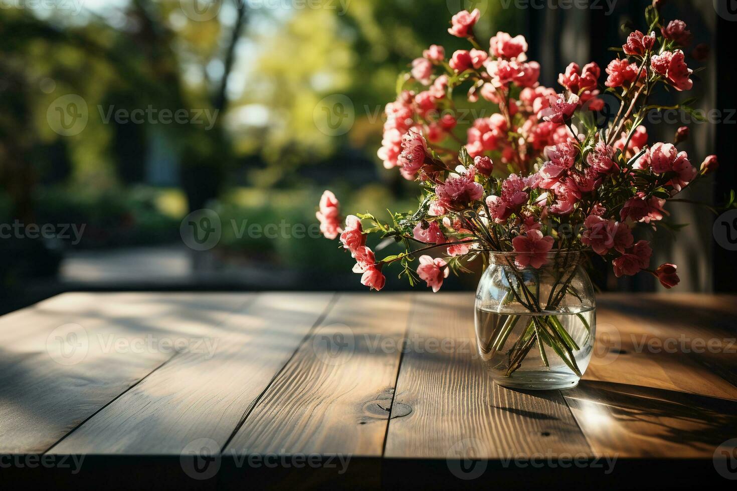 A wooden table with spring flowers and green grass. AI generative photo