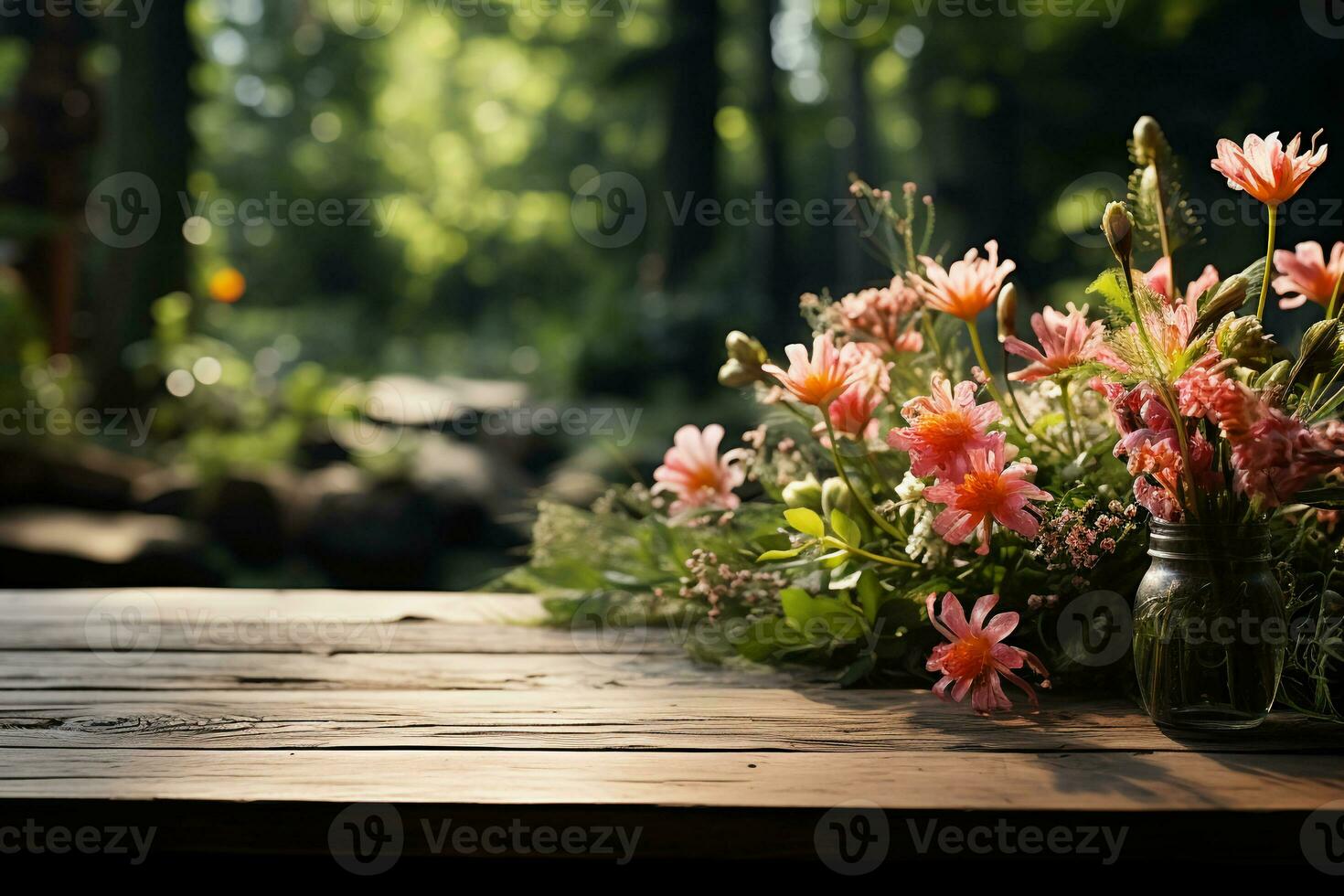 A wooden table with spring flowers and green grass. AI generative photo