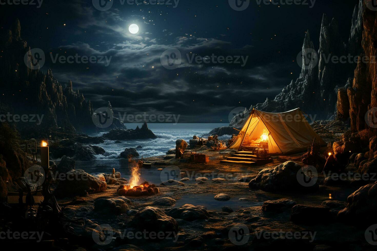 Camp site a night with a tent and a campfire and a mysterious creature hiding and spying on the camp. AI generative photo
