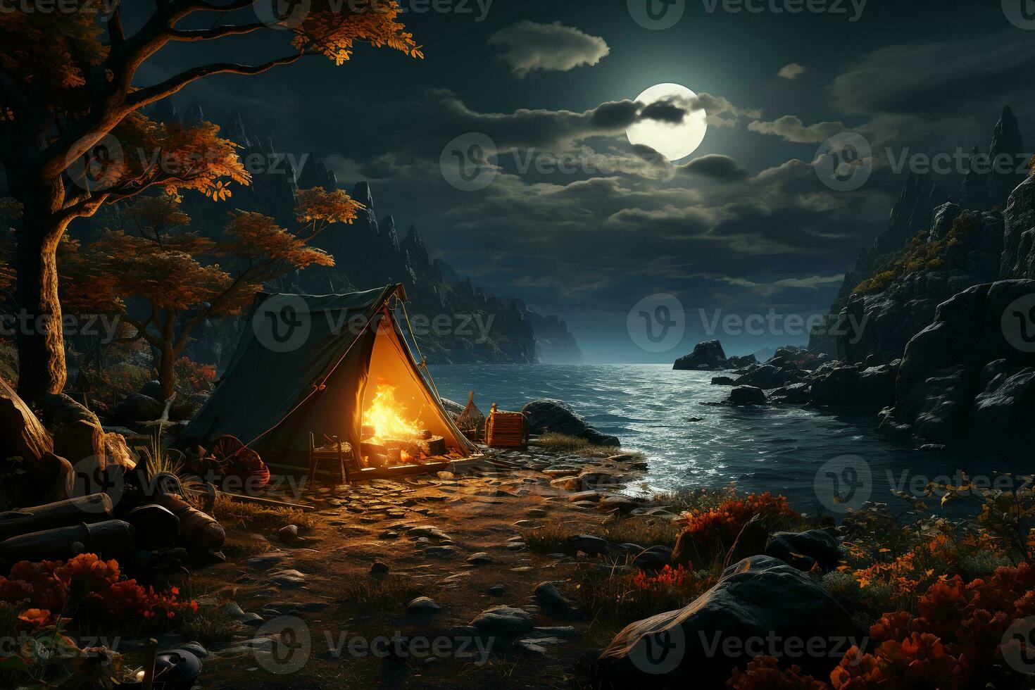 Camp site a night with a tent and a campfire and a mysterious creature hiding and spying on the camp. AI generative photo